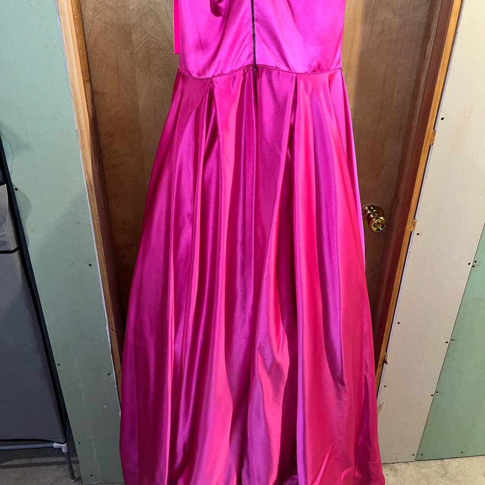 Sherri Hill Hot Pink Satin Prom Dress with Crystal Embellishments - Picture 2 of 4